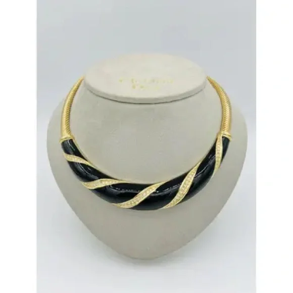 Vintage Dior Necklace Bold Black Enamel Rhinestone Designer Piece - Picture 6 of 14